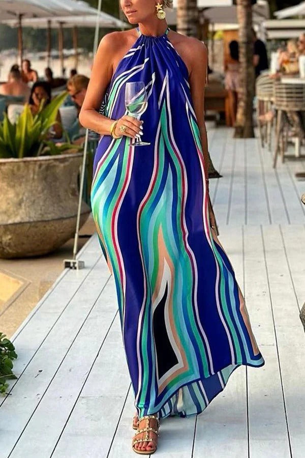 Graphic Wave Print Halter Neck Gathered Throat Flowy Maxi Dress 4