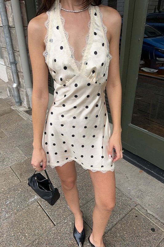 Polka Dot Satin Lace Trim Halter Neck Deep V-Neck Empire Waist Mini Dress 2