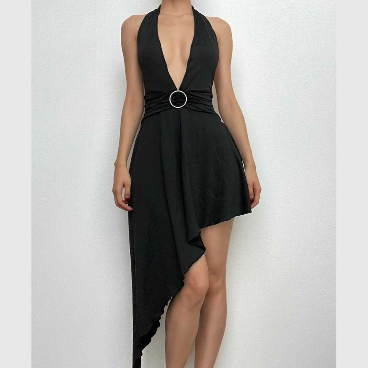 Halter O-Ring Plunge V-Neck Ring Waist Asymmetric Hem Midi Dress