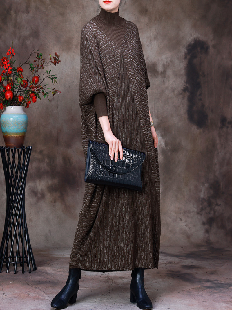 Mock Neck Batwing Sleeve Chevron Texture Rib Cuff Oversized Maxi Sweater Dress 2