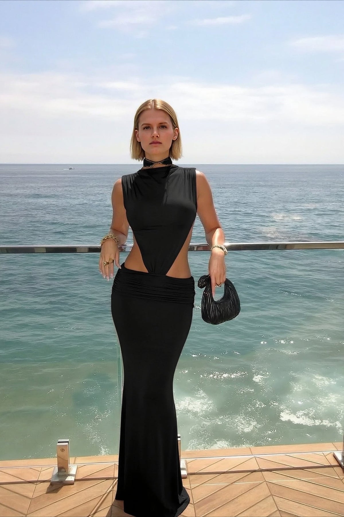 Mock Neck Sleeveless Waist Cutout Bodycon Maxi Dress 5