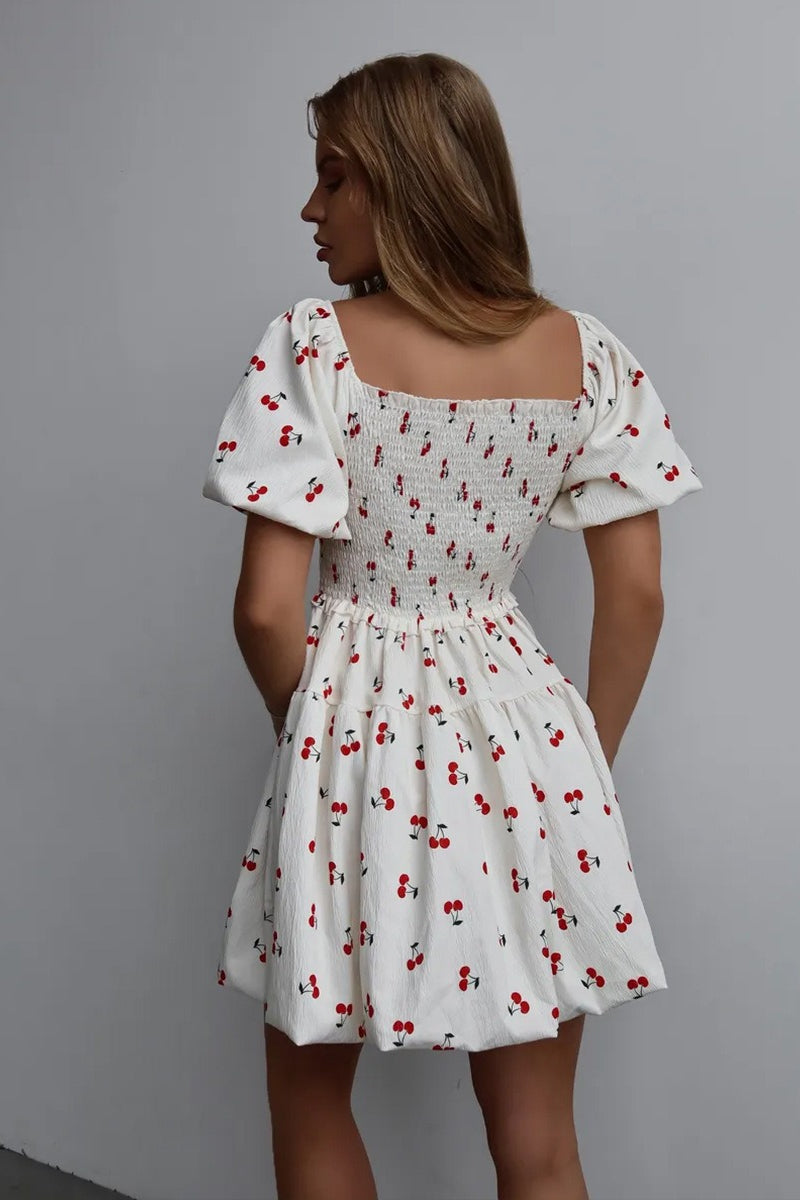 Fruit Print Smocked Off Shoulder Puff Sleeve Tiered Mini Dress 4