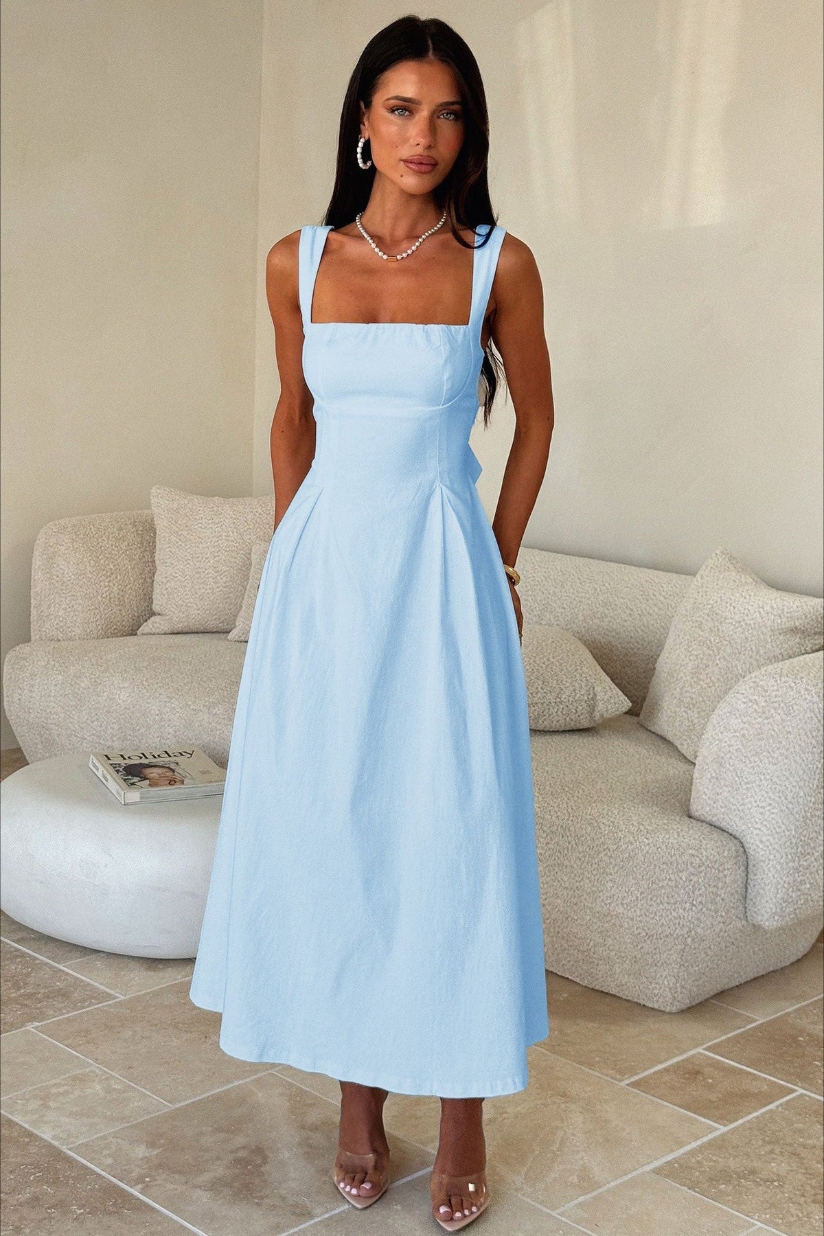 Square Neck Gathered Bust Wide Strap Pleated Pocket Midi Dress 9