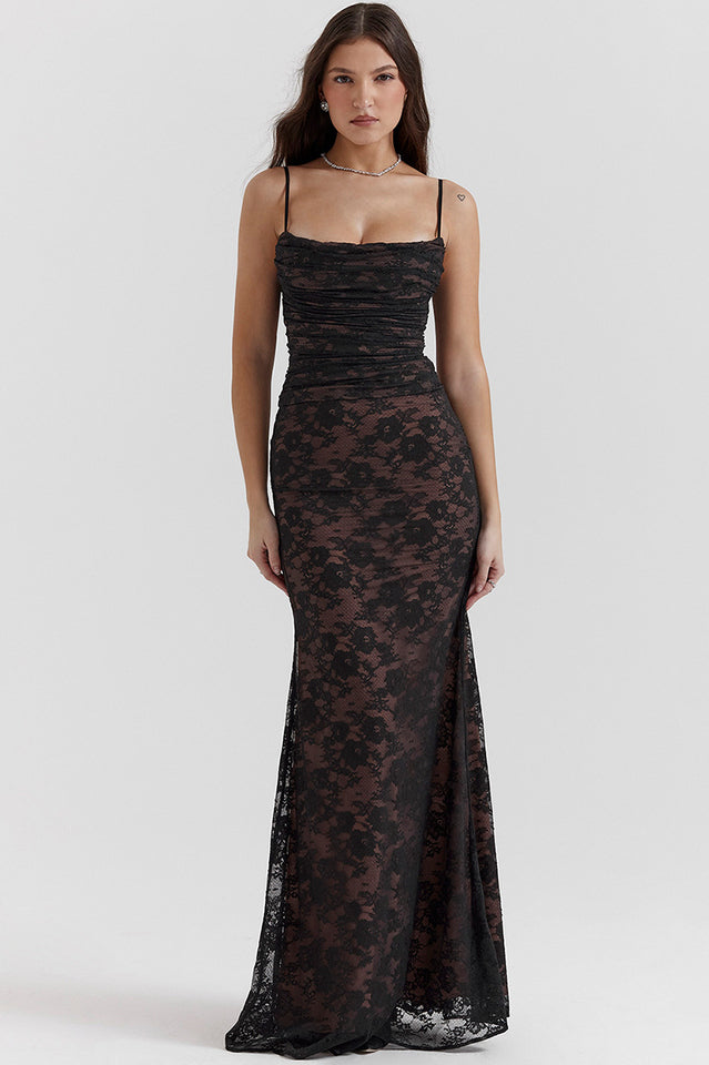 Square Neck Spaghetti Strap Floral Lace Scalloped Hem Maxi Dress with Long Sleeve Bolero 9