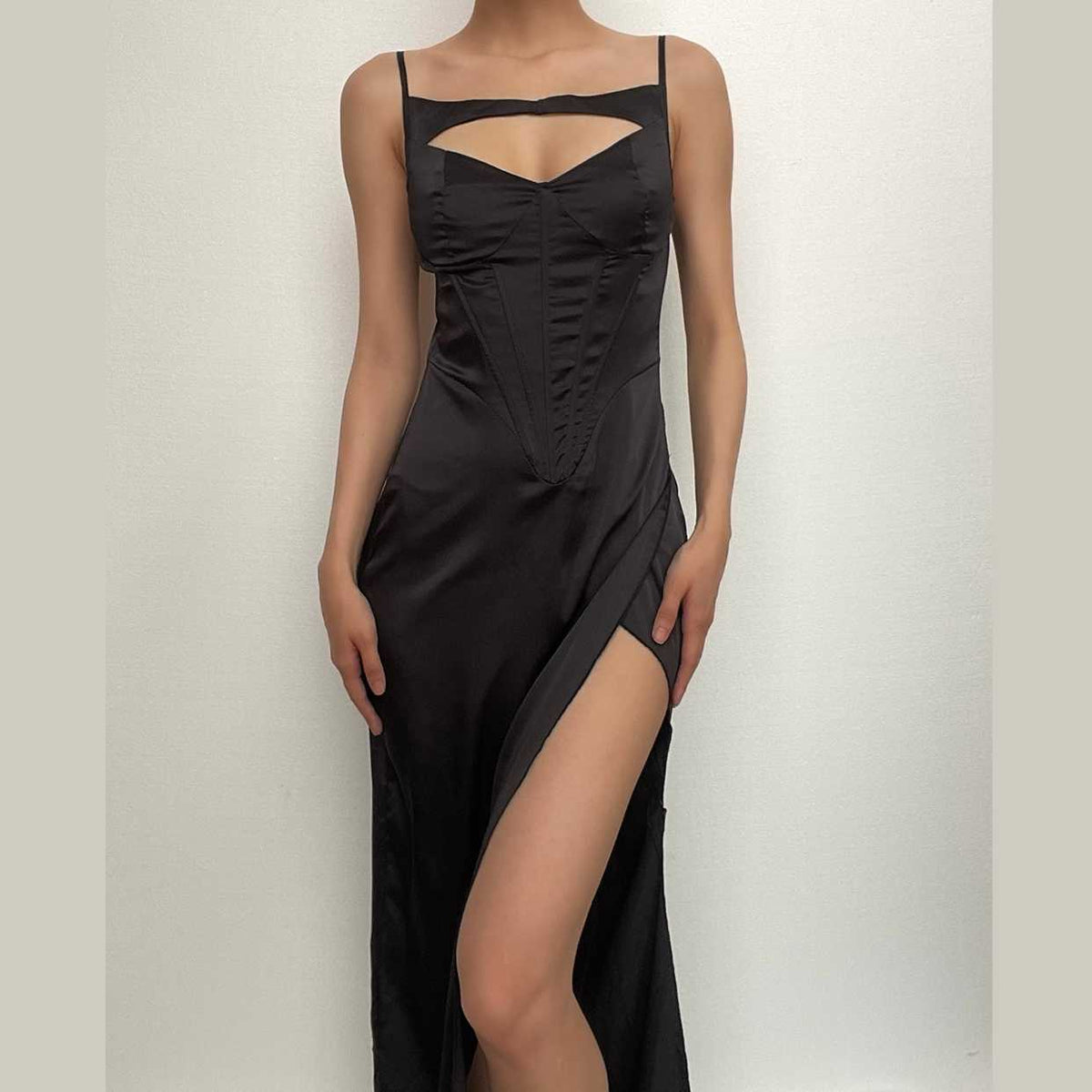 Spaghetti Strap Corset Panel Chest Cutout High Slit Satin Maxi Gown