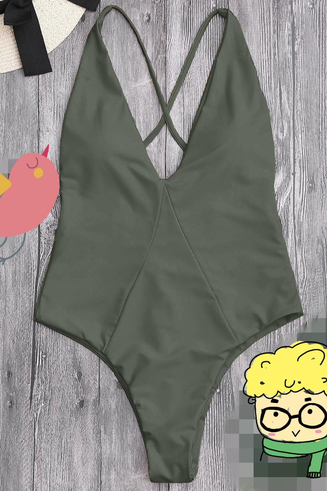 Army Green Plunge V Neck High Cut Cross Back Sexy One Piece Swimsuit