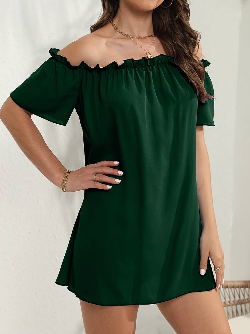 Off Shoulder Ruffle Trim Flutter Sleeve Shift Mini Dress 2
