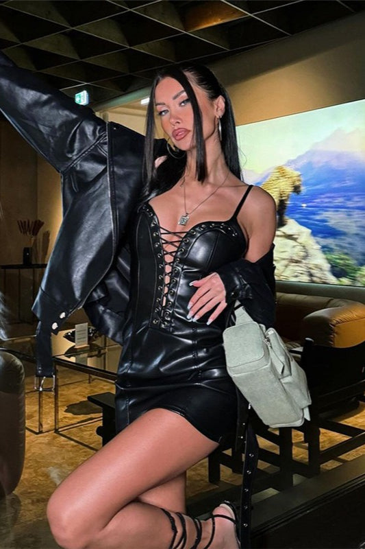 Deep V-Neck Lace-Up Corset Faux Leather Cami Bodycon Mini Dress 3