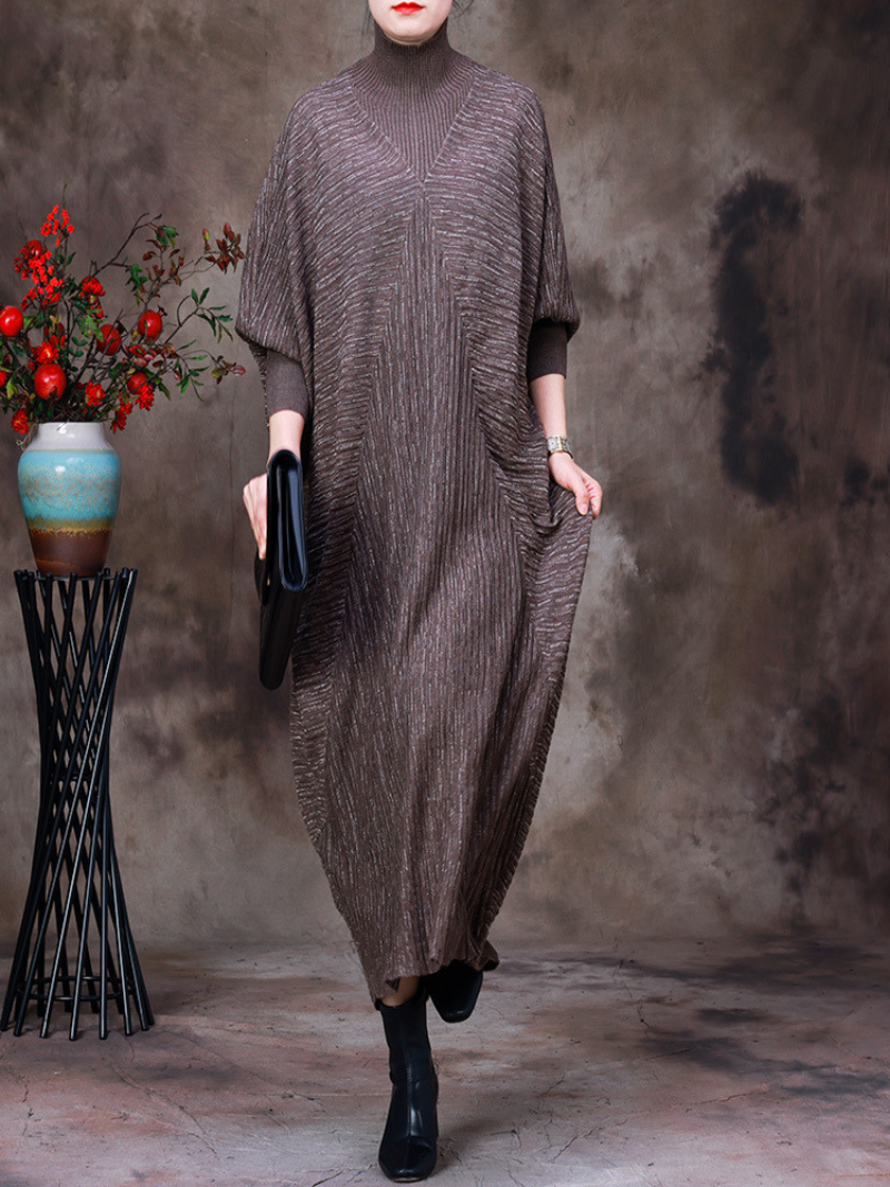 Mock Neck Batwing Sleeve Chevron Texture Rib Cuff Oversized Maxi Sweater Dress 4