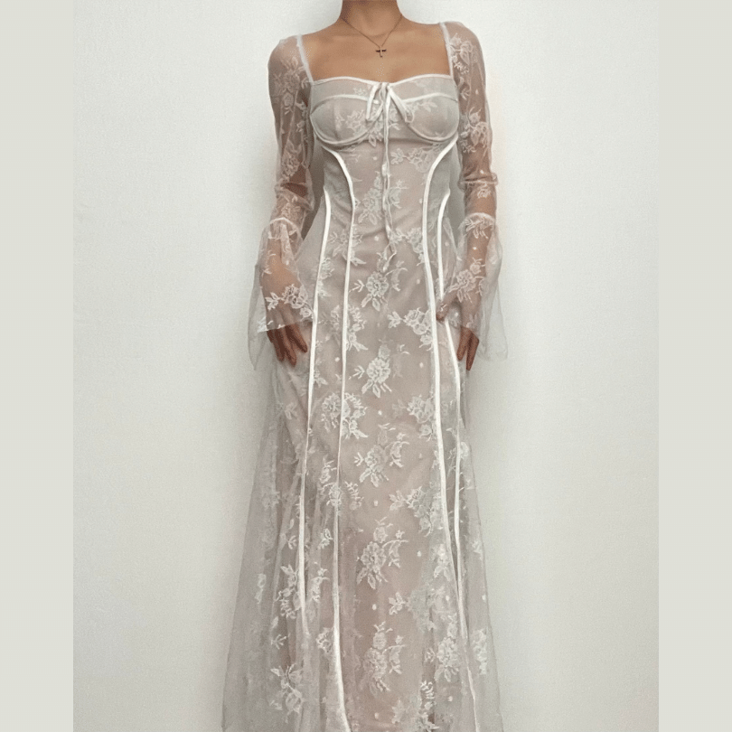 Square Neck Corset Lace Long Sleeve Bell Cuff Paneled Maxi Dress