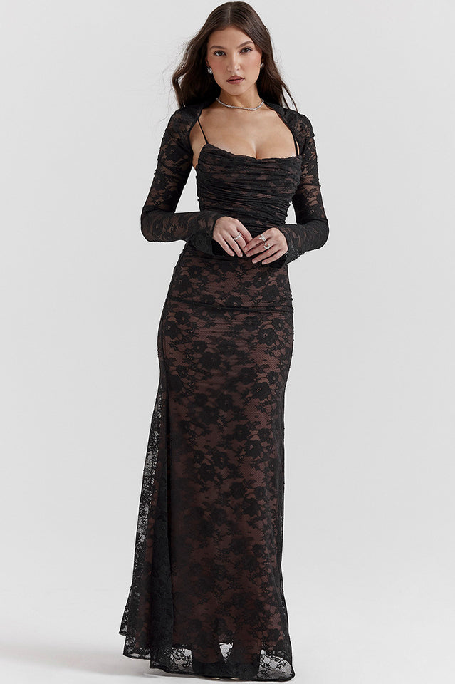 Square Neck Spaghetti Strap Floral Lace Scalloped Hem Maxi Dress with Long Sleeve Bolero 11
