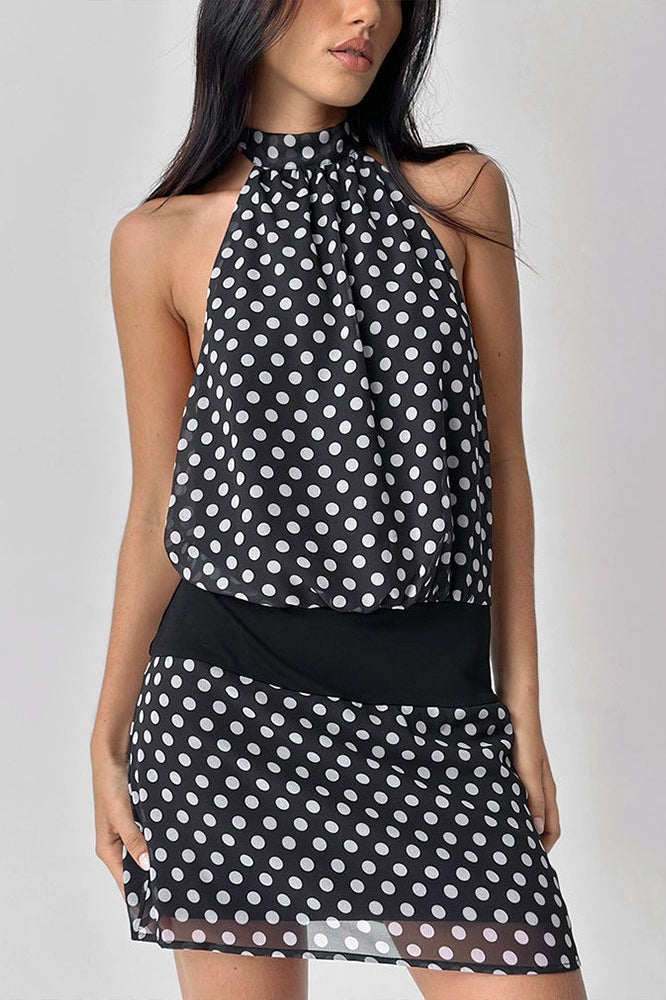 Polka Dot Halter Neck Backless Blouson Top Elastic Waist Mini Skirt Two Piece Set 2