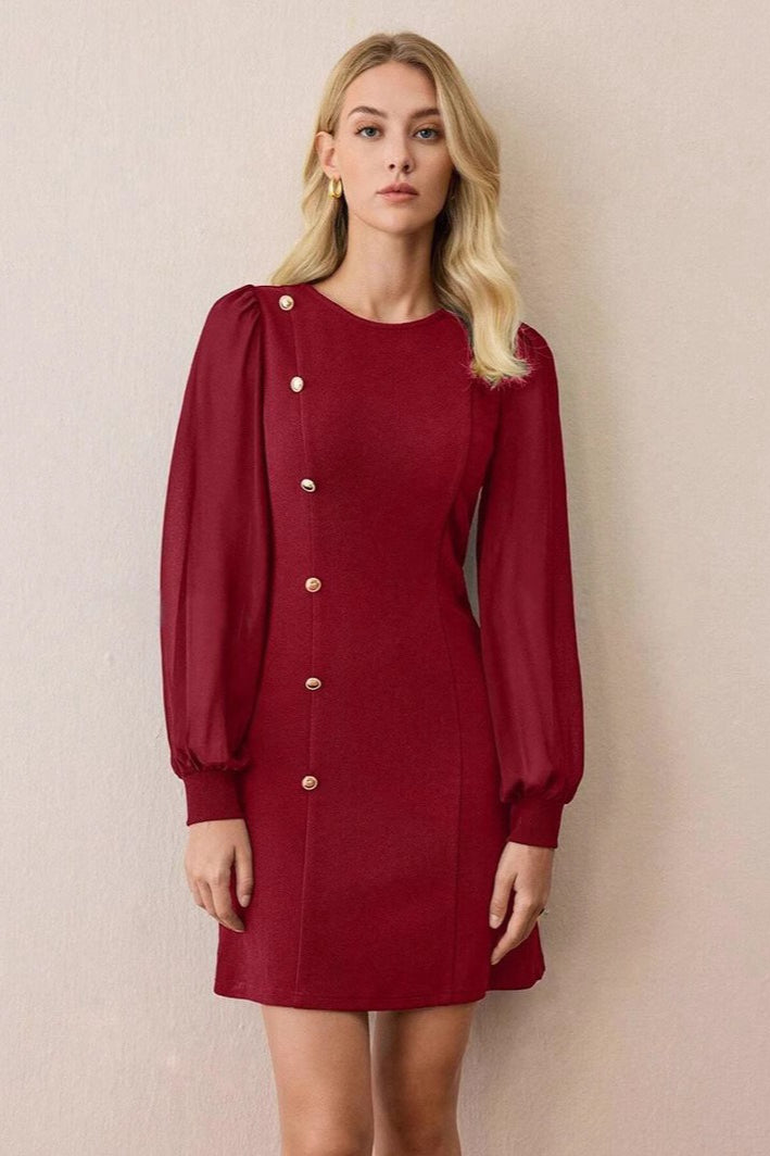 Crew Neck Sheer Puff Sleeve Asymmetric Button Detail A Line Mini Dress 3