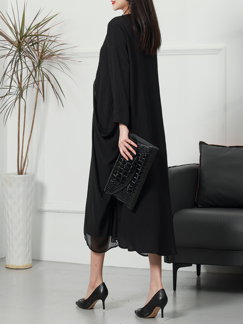 Deep V-Neck Crinkle Gauze Handkerchief Hem Oversized Long Sleeve Midi Dress 2