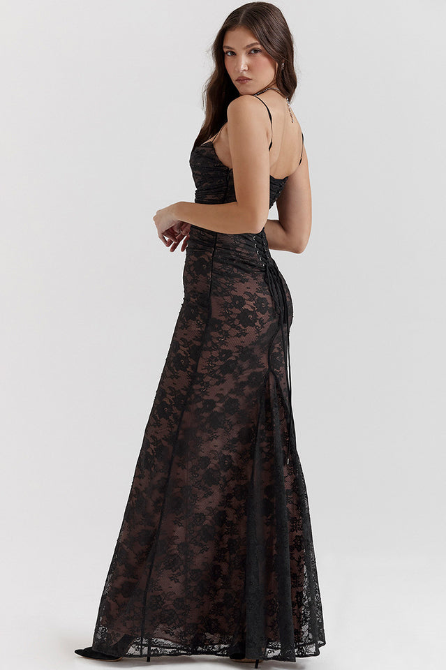 Square Neck Spaghetti Strap Floral Lace Scalloped Hem Maxi Dress with Long Sleeve Bolero 10