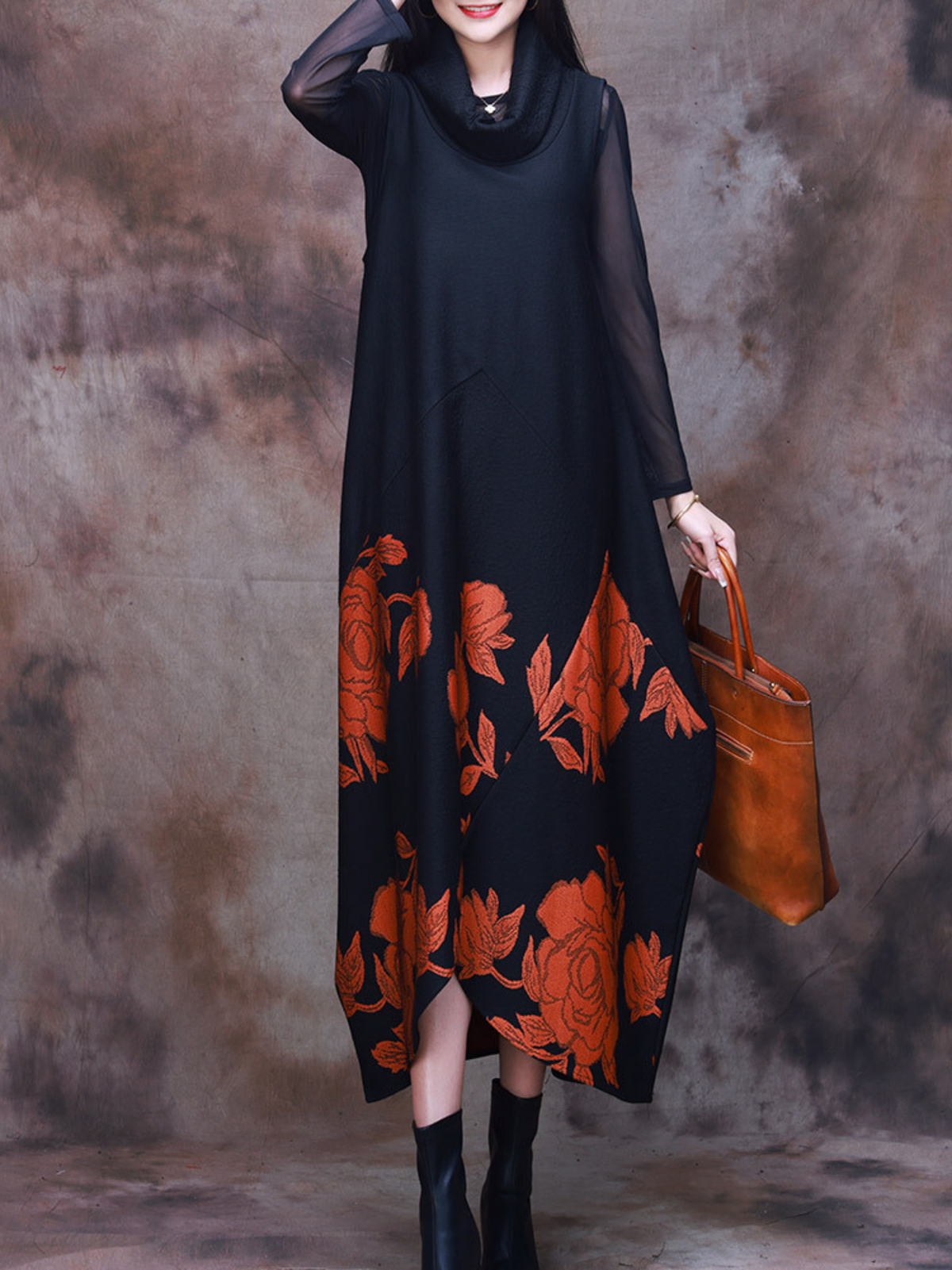 Cowl Neck Long Sleeve Floral Print Panel Oversized Maxi Dress 2