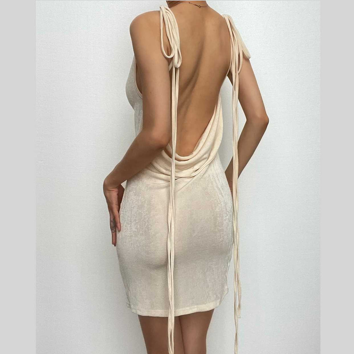 Cowl Neck Velvet Ribbon Tie Shoulder Bodycon Mini Dress 2