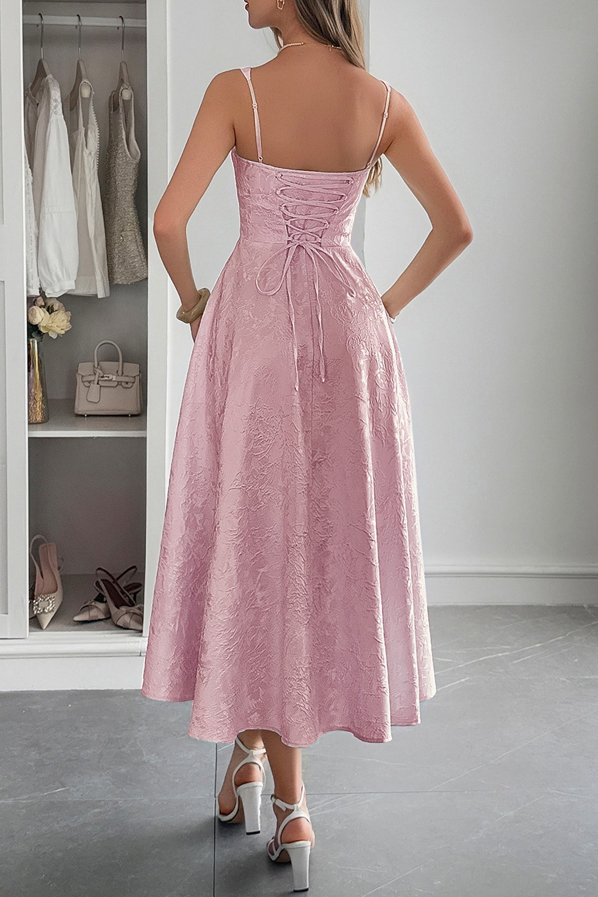 Jacquard Floral Bustier Lace Trim Pointed Waist Fit and Flare Midi Dress 2