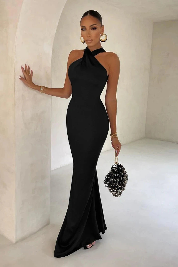Crossover Halter Neck Mermaid Satin Maxi Gown 2