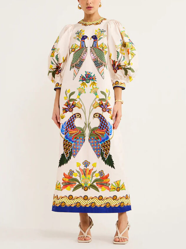 Bird Print Puff Sleeve Round Neck Tie-Waist Border Trim Midi Dress 3