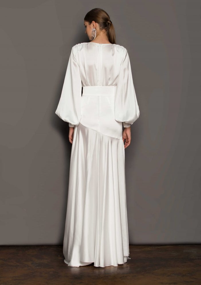 Satin Plunge V-Neck Bishop Sleeve Belted Buckle Waist A-Line Maxi Gown 2