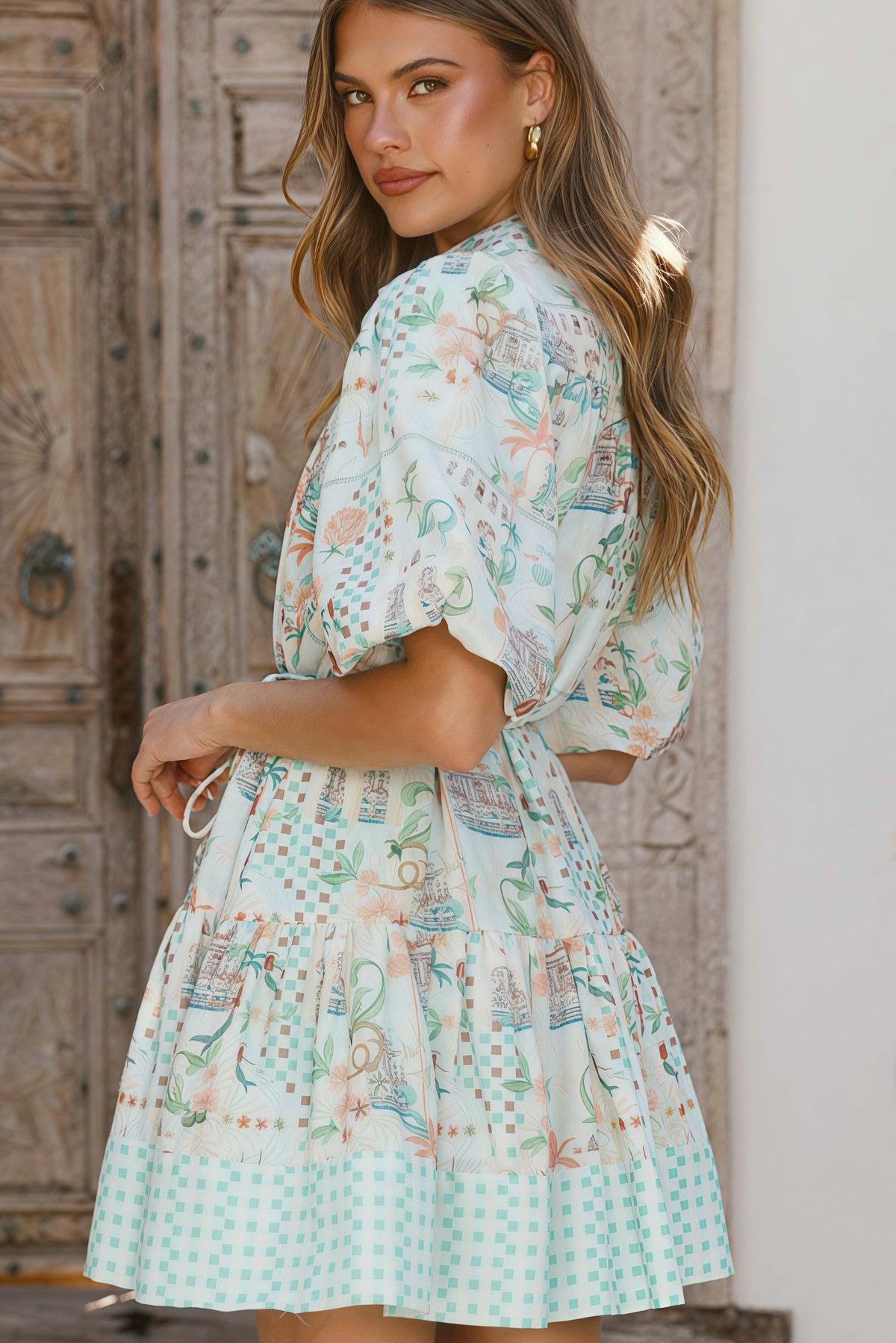 Tropical Print Button-Down Puff Sleeve Tie Waist Ruffle Mini Shirt Dress 6