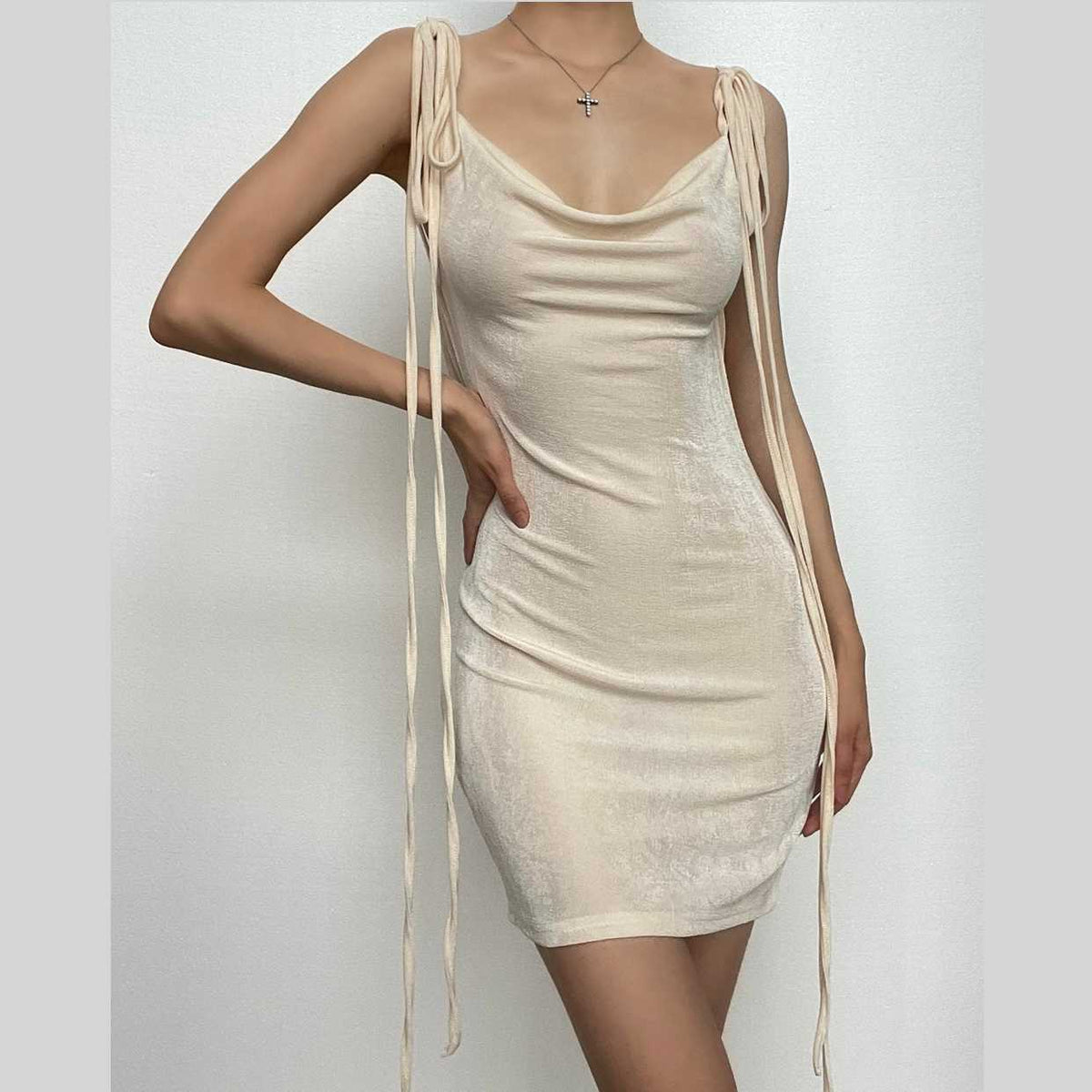 Cowl Neck Velvet Ribbon Tie Shoulder Bodycon Mini Dress