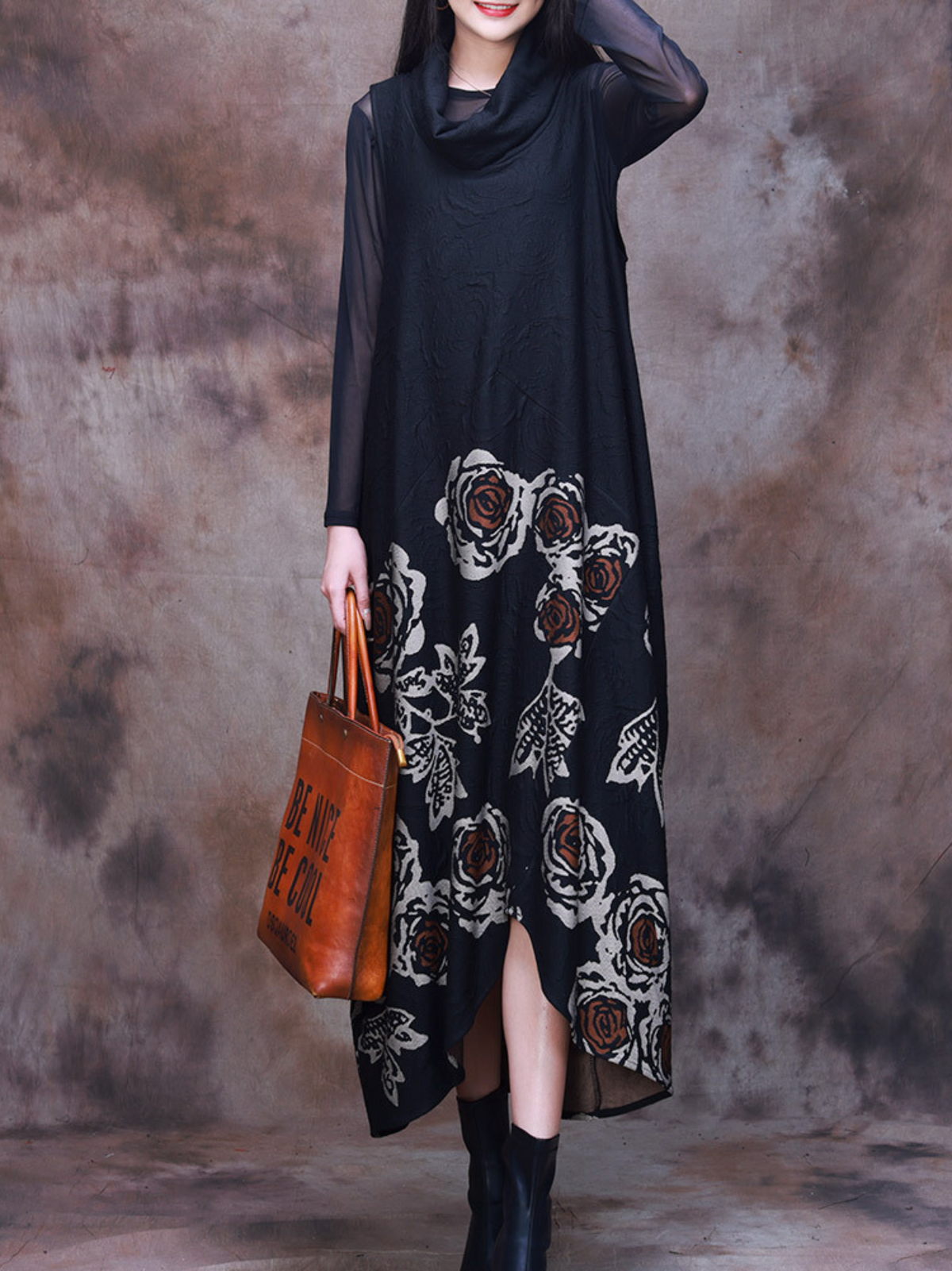 Cowl Neck Long Sleeve Floral Print Panel Oversized Maxi Dress 3
