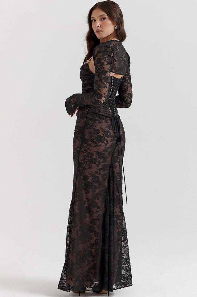 Square Neck Spaghetti Strap Floral Lace Scalloped Hem Maxi Dress with Long Sleeve Bolero 12