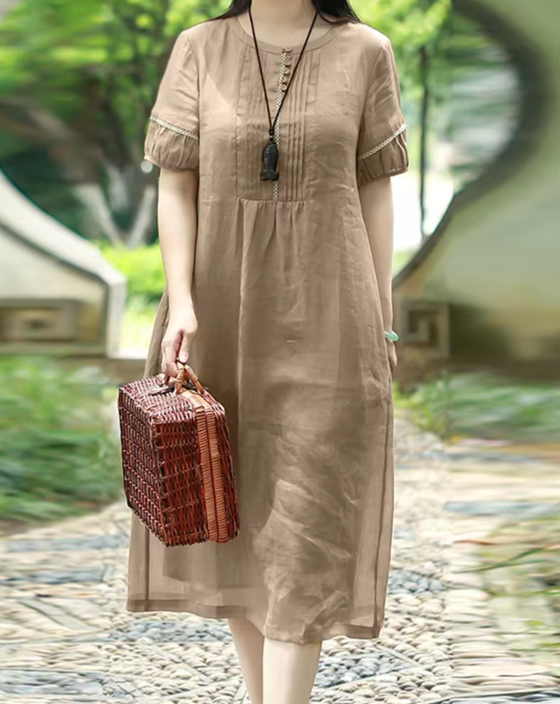 Linen Look Pintuck Embroidered Trim Round Neck Empire Midi Dress 3
