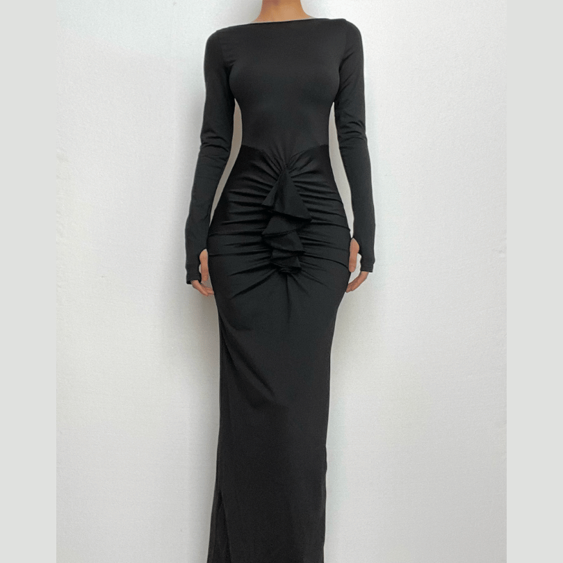 Boat Neck Ruched Thumbhole Long Sleeve Maxi Dress