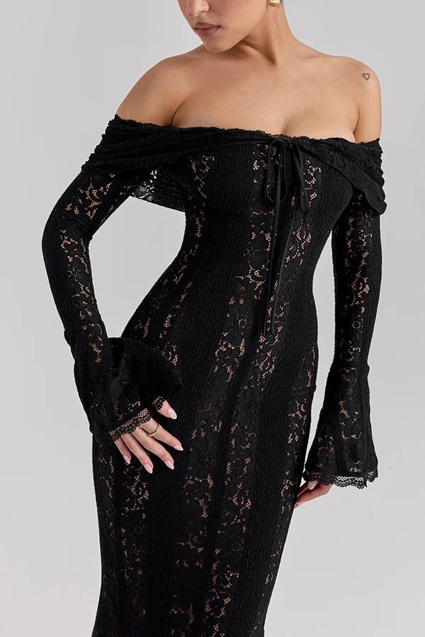 Floral Lace Off Shoulder Bell Sleeve Mermaid Maxi Dress 17