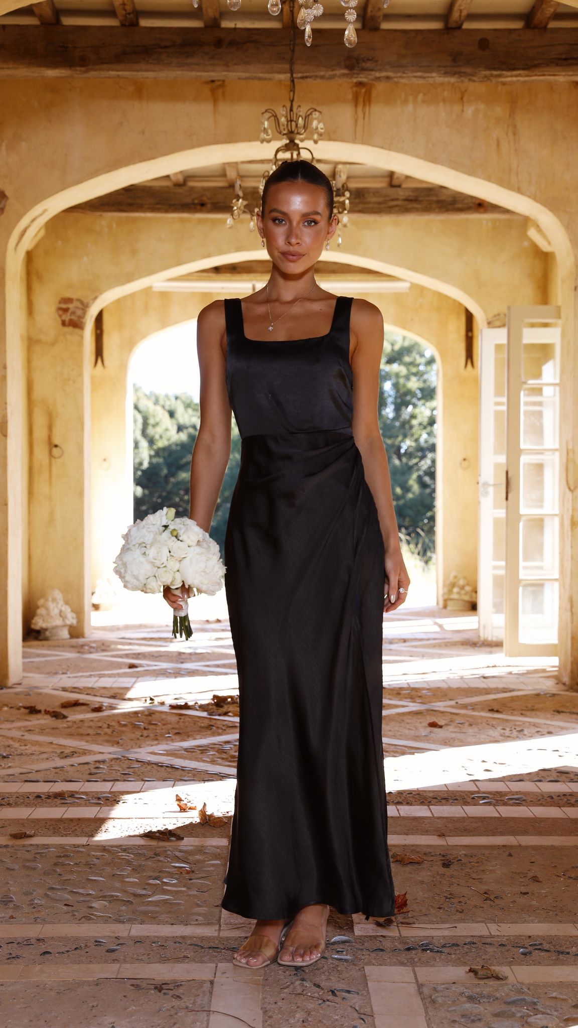 Satin Square Neck Wide Strap Side Slit Slip Maxi Dress 12