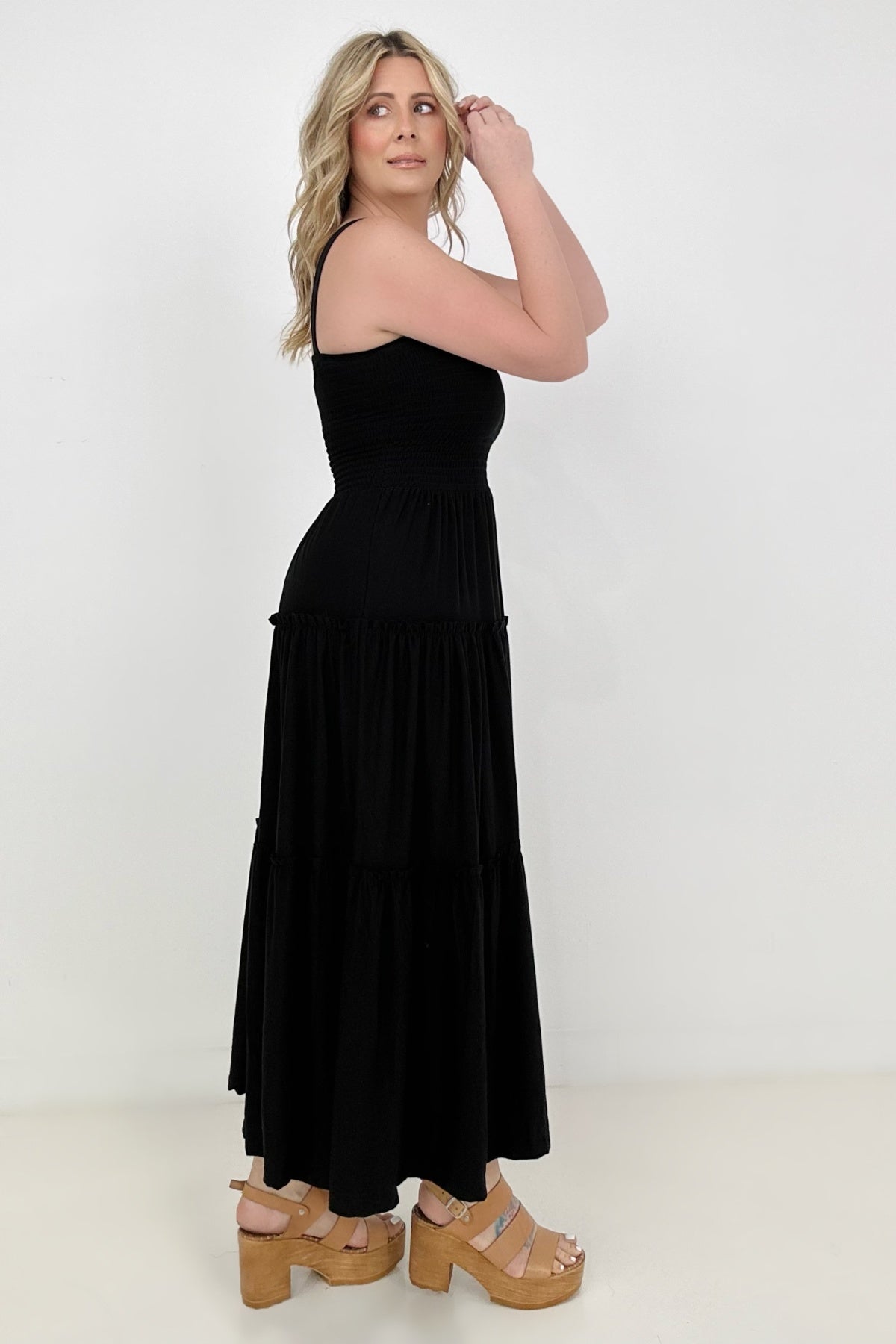 Square Neck Smocked Bodice Tiered Ruffle Maxi Dress 9