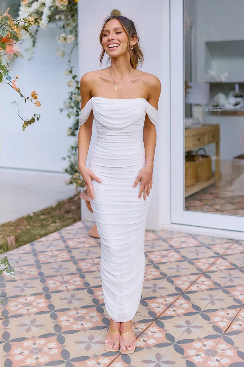 Off Shoulder Cap Sleeve Ruched Back Slit Bodycon Maxi Dress 2