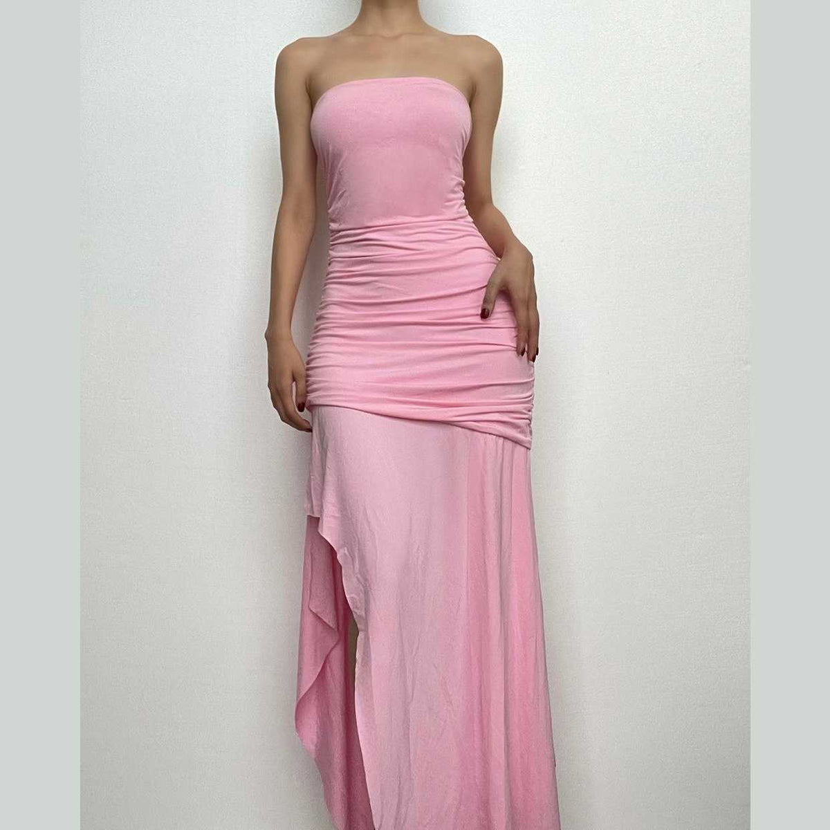 Strapless Ruched Waist High Slit Bodycon Maxi Dress
