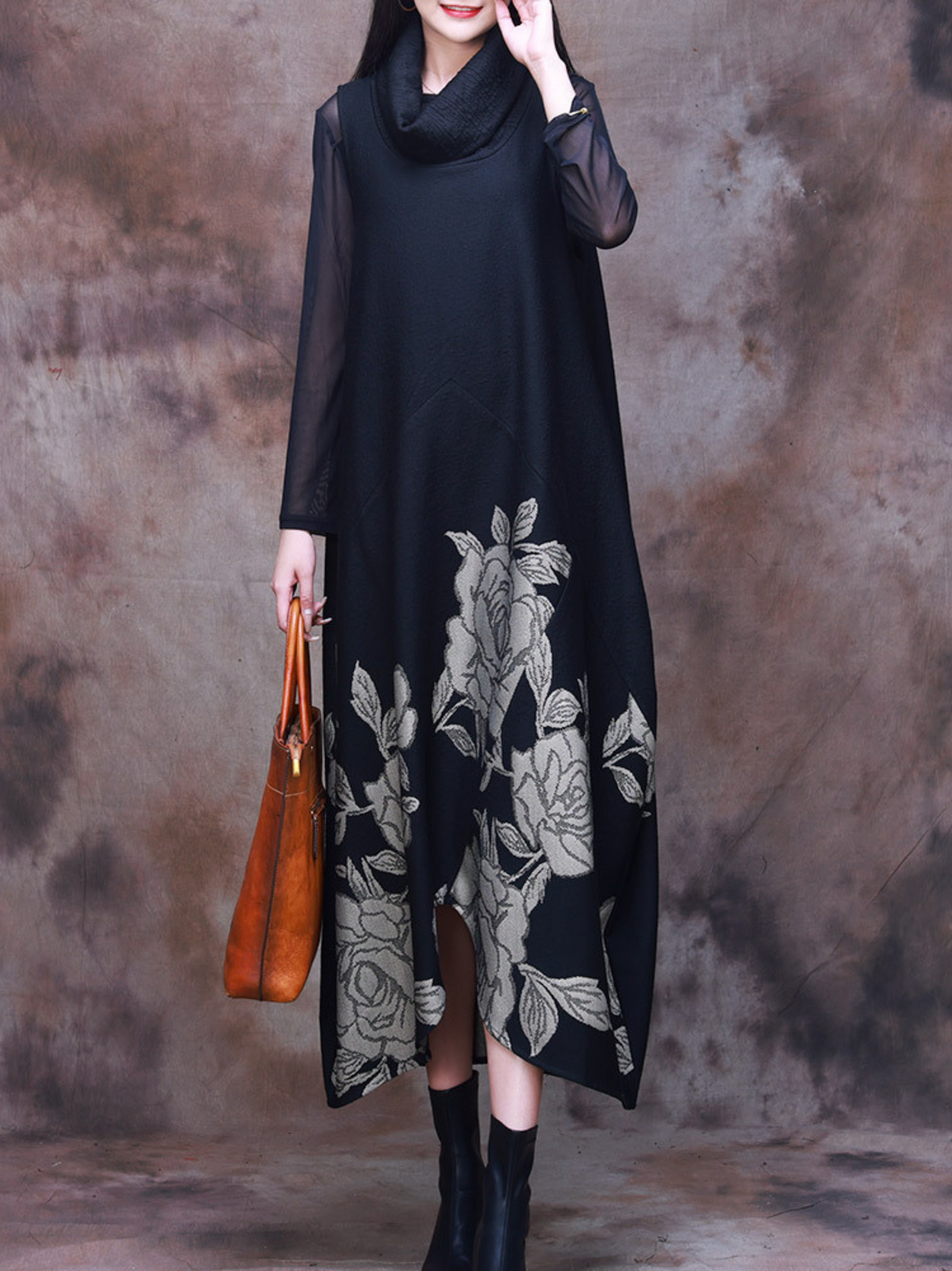 Cowl Neck Long Sleeve Floral Print Panel Oversized Maxi Dress 5