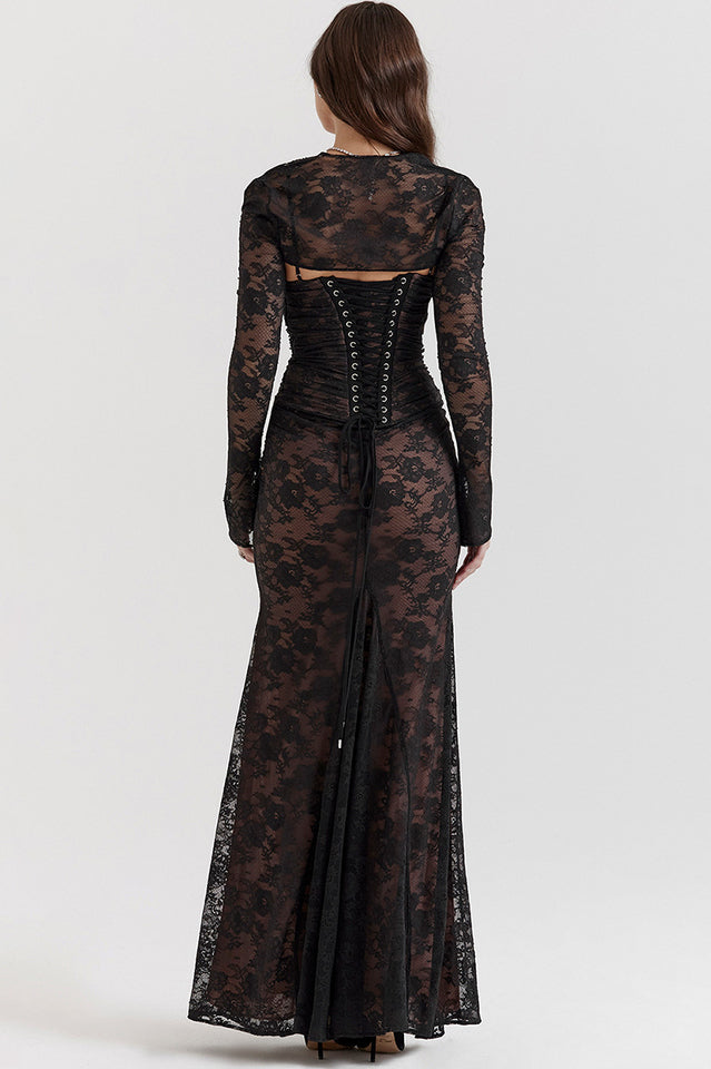 Square Neck Spaghetti Strap Floral Lace Scalloped Hem Maxi Dress with Long Sleeve Bolero 13