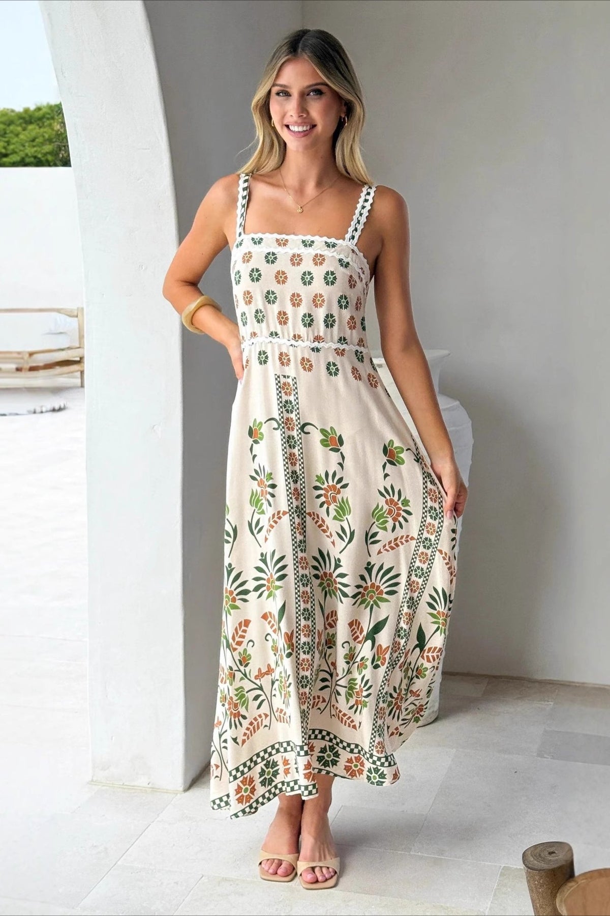 Scalloped Trim Square Neck Panel Print Border Hem Maxi Dress 12