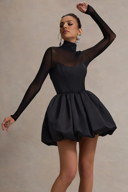 Mock Neck Sheer Mesh Long Sleeve Sweetheart Bustier Bubble Hem Mini Dress 2