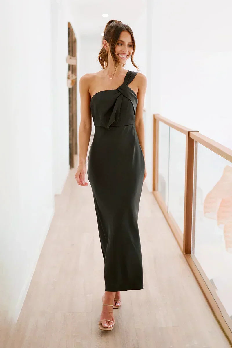 Satin One Shoulder Twisted Strap Draped Column Maxi Dress 6