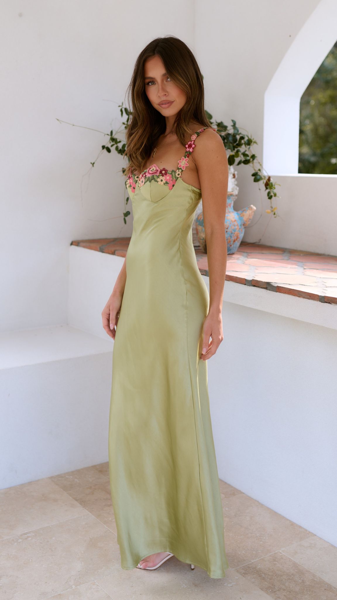Spaghetti Strap Sweetheart Embroidered Floral Satin Bias Cut Maxi Dress 3