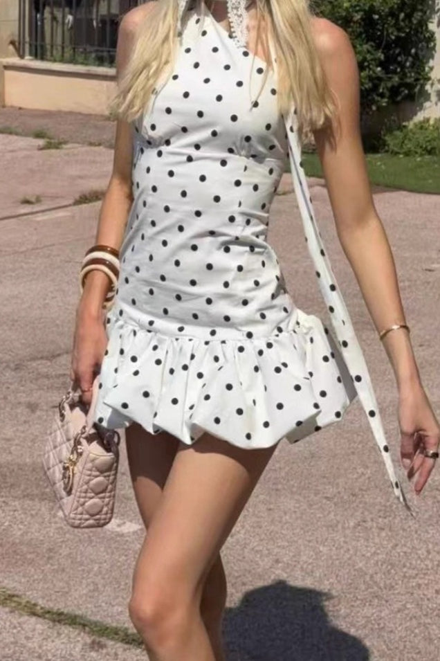 White One Shoulder Choker Neck Polka Dot Bubble Hem Mini Dress 4