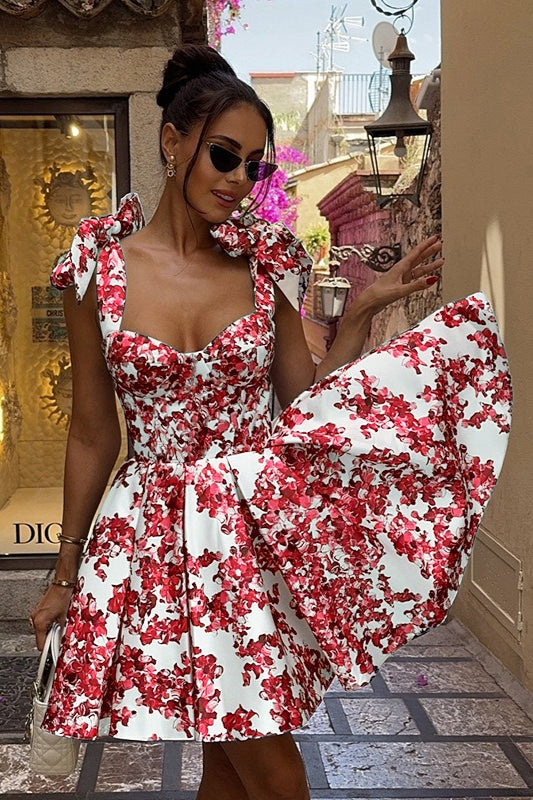 Floral Print Sweetheart Tie Strap Corset Fit and Flare Mini Dress