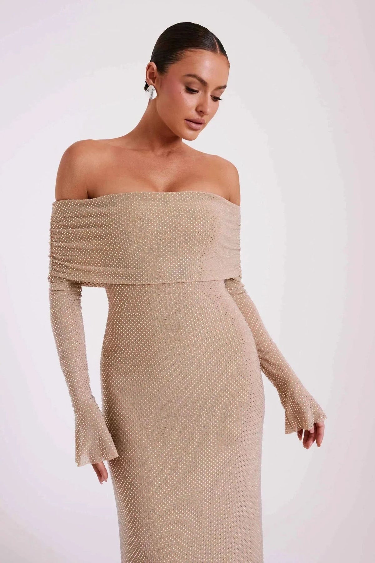 Off-Shoulder Fold-Over Bardot Bell Sleeve Shimmer Bodycon Maxi Dress 6