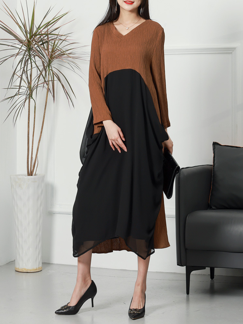Deep V-Neck Crinkle Gauze Handkerchief Hem Oversized Long Sleeve Midi Dress 4