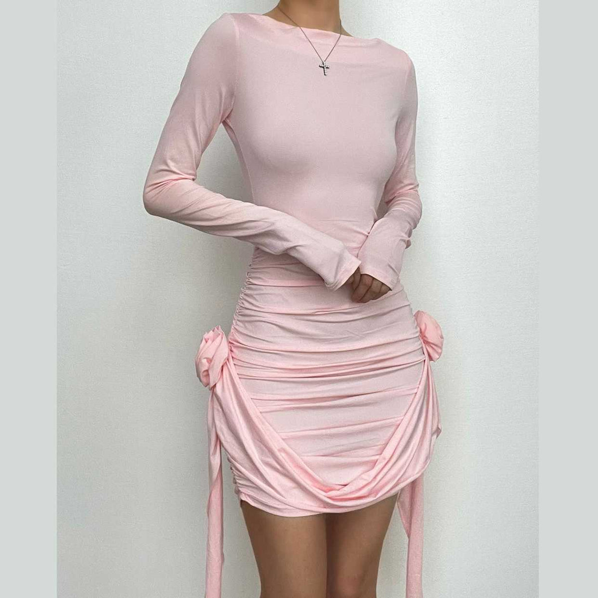 Flower Applique Ribbon Trim Ruched Long Sleeve Mini Dress