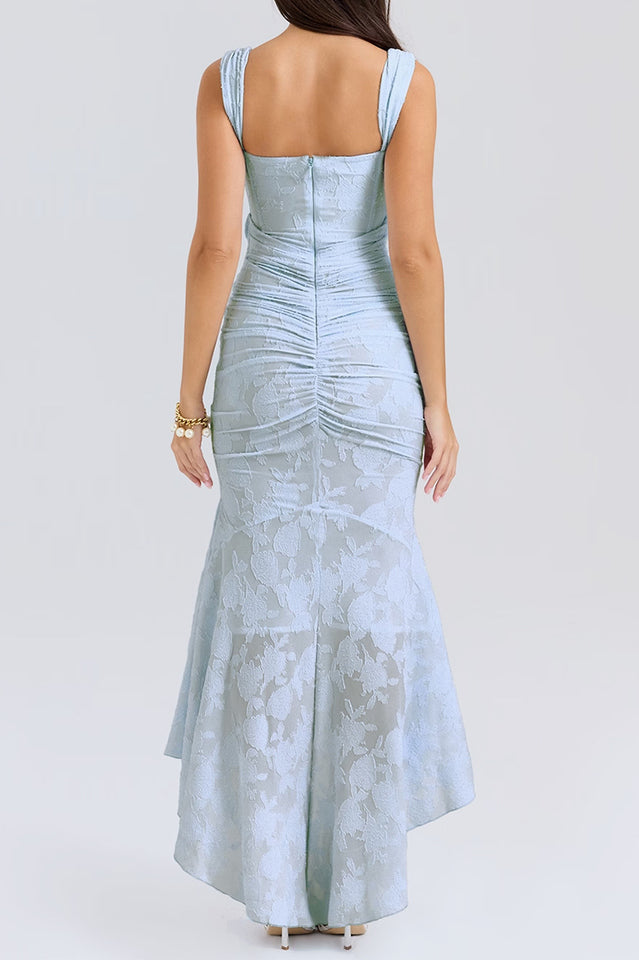 Floral Burnout Lace Corset Bodice Ruched Wrap High-Low Mermaid Midi Dress 28