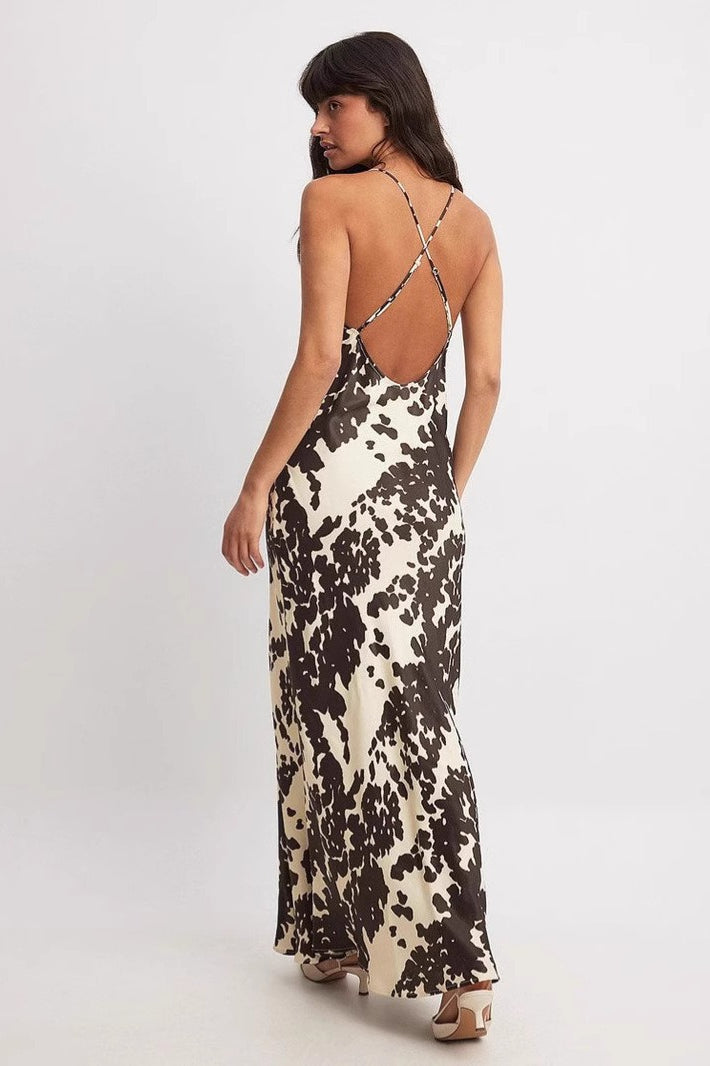 Deep V Spaghetti Strap Cow Print Satin Maxi Slip Dress 4