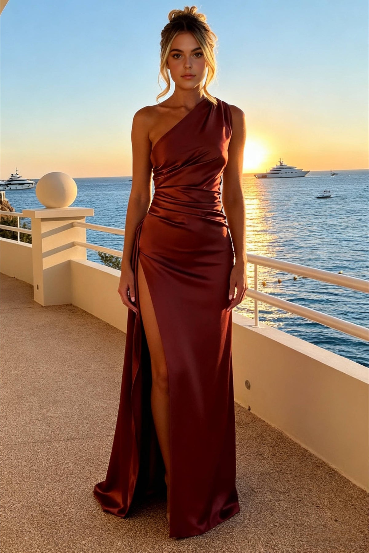 Satin One Shoulder Ruched Waist High Split Maxi Dress 3